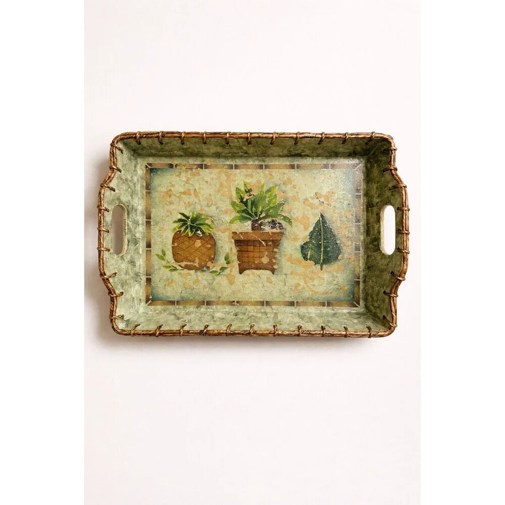 Large Decorative Serving Tray with Handles Rustic Farmhouse Plant Design